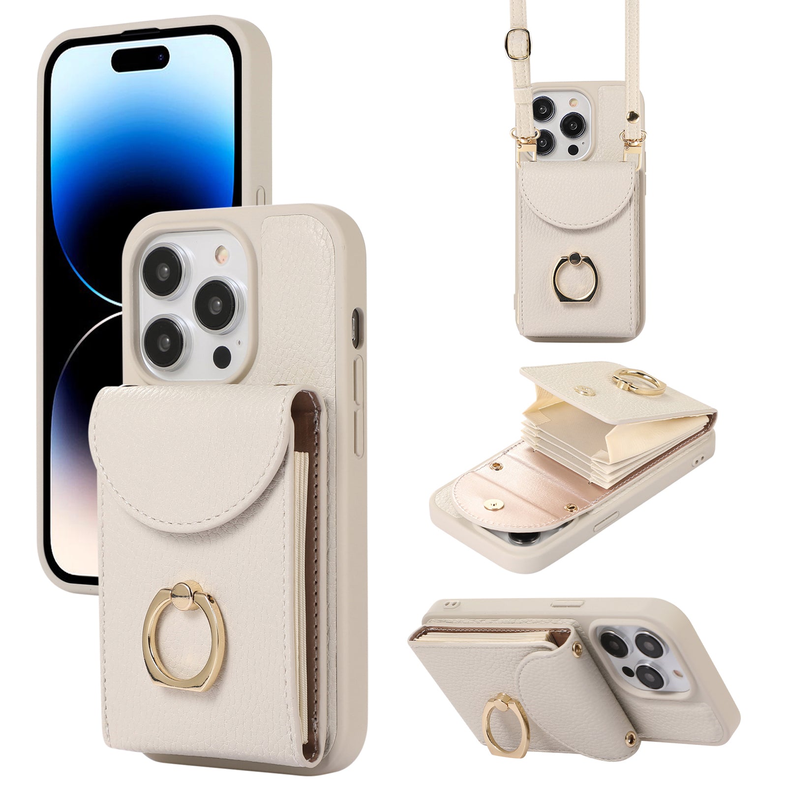 For iPhone 14 Pro Ring Kickstand Phone Case Accordion Style Card Slots Leather Coated TPU Cover with Shoulder Strap For iPhone 14 Pro Ring Kickstand Phone Case Accordion Style Card Slots Leather Coated TPU Cover with Shoulder Strap